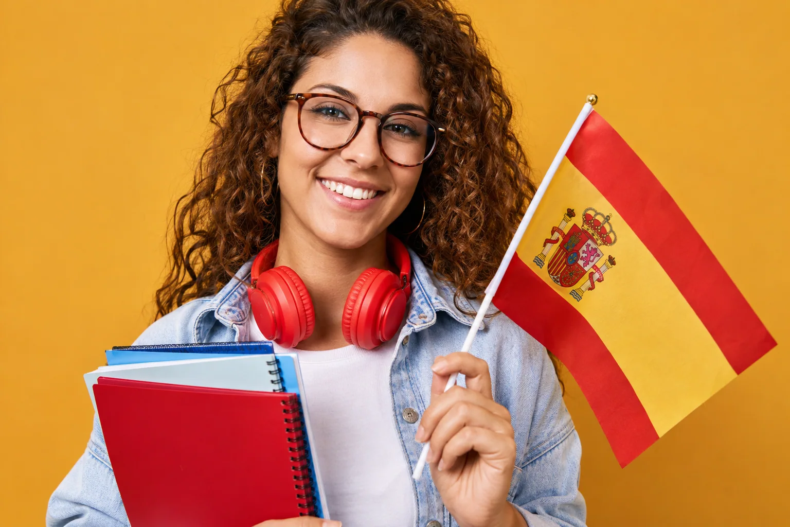 Estudante com livros, fones e bandeira da Espanha.