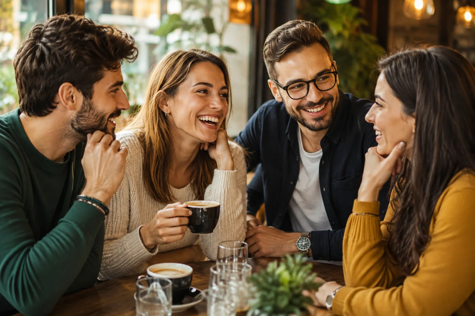 Amigos conversando descontraidamente à mesa de um café.